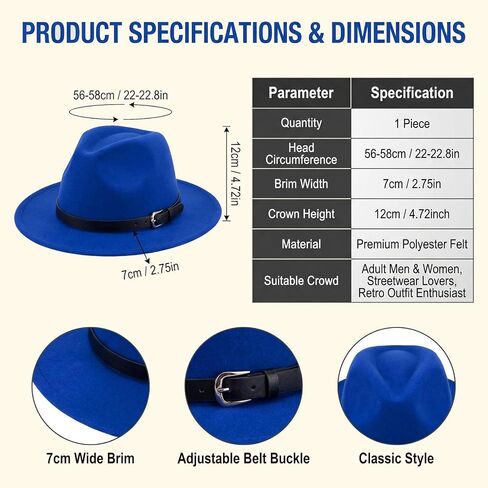 Blue Women Fedora Hat with Belt Buckle, Wide Brim Casual Panama Hat for Travel Beach Wedding, Breathable Cotton Polyester in Saudi Arabia