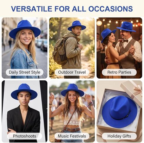 Blue Women Fedora Hat with Belt Buckle, Wide Brim Casual Panama Hat for Travel Beach Wedding, Breathable Cotton Polyester in Saudi Arabia