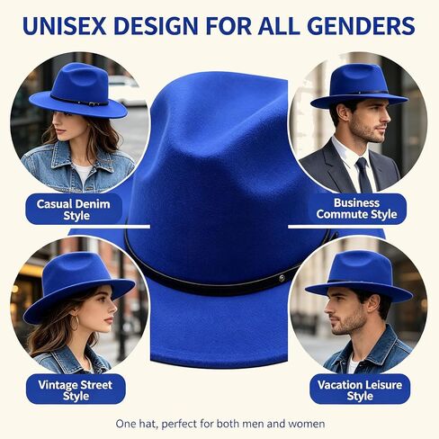 Blue Women Fedora Hat with Belt Buckle, Wide Brim Casual Panama Hat for Travel Beach Wedding, Breathable Cotton Polyester in Saudi Arabia