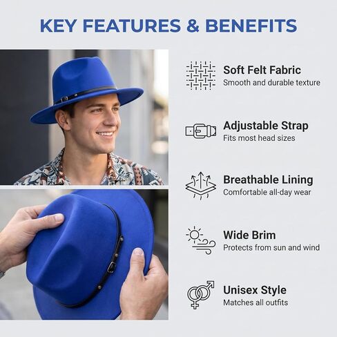Blue Women Fedora Hat with Belt Buckle, Wide Brim Casual Panama Hat for Travel Beach Wedding, Breathable Cotton Polyester in Saudi Arabia
