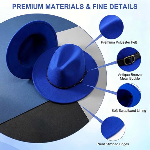 Blue Women Fedora Hat with Belt Buckle, Wide Brim Casual Panama Hat for Travel Beach Wedding, Breathable Cotton Polyester in Saudi Arabia