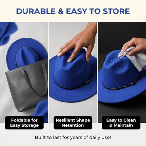 Blue Women Fedora Hat with Belt Buckle, Wide Brim Casual Panama Hat for Travel Beach Wedding, Breathable Cotton Polyester in Saudi Arabia