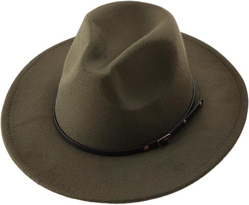 Army Green Women Fedora Hat with Belt Buckle, Wide Brim Casual Panama Hat for Travel Beach Wedding, Breathable Cotton Polyester in Saudi Arabia