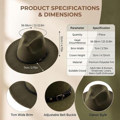 Army Green Women Fedora Hat with Belt Buckle, Wide Brim Casual Panama Hat for Travel Beach Wedding, Breathable Cotton Polyester in Saudi Arabia
