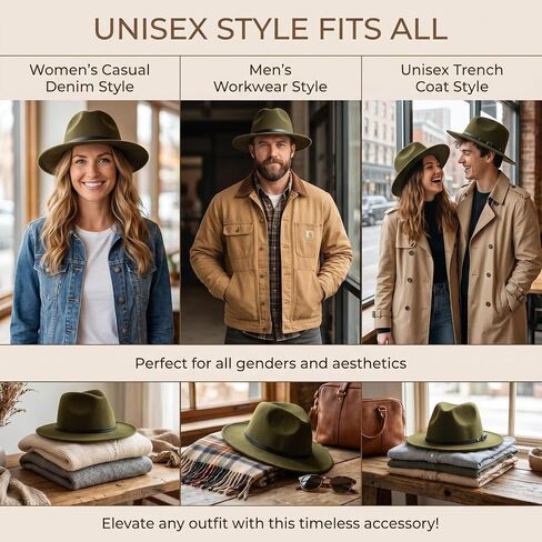 Army Green Women Fedora Hat with Belt Buckle, Wide Brim Casual Panama Hat for Travel Beach Wedding, Breathable Cotton Polyester in Saudi Arabia