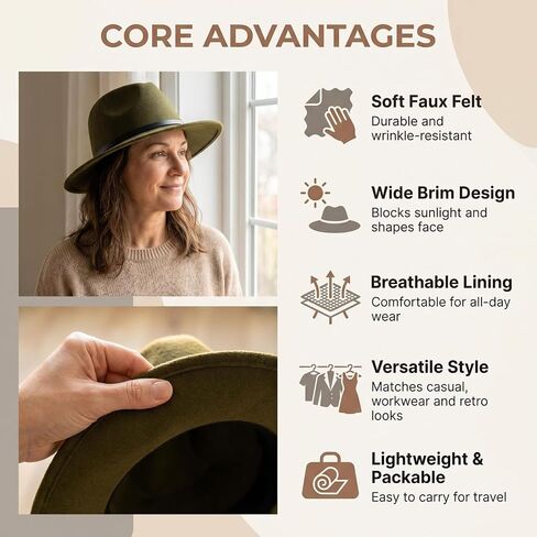 Army Green Women Fedora Hat with Belt Buckle, Wide Brim Casual Panama Hat for Travel Beach Wedding, Breathable Cotton Polyester in Saudi Arabia