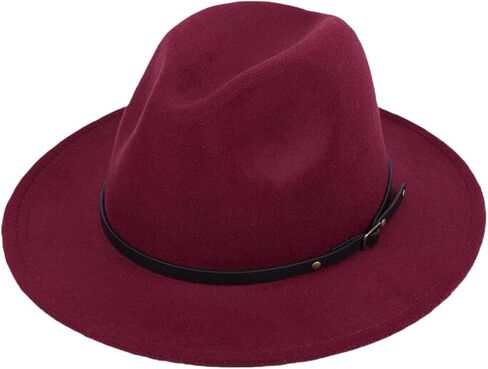 Wine Red Women Fedora Hat with Belt Buckle, Wide Brim Casual Panama Hat for Travel Beach Wedding, Breathable Cotton Polyester in Saudi Arabia
