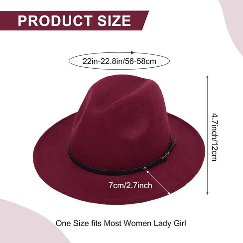 Wine Red Women Fedora Hat with Belt Buckle, Wide Brim Casual Panama Hat for Travel Beach Wedding, Breathable Cotton Polyester in Saudi Arabia