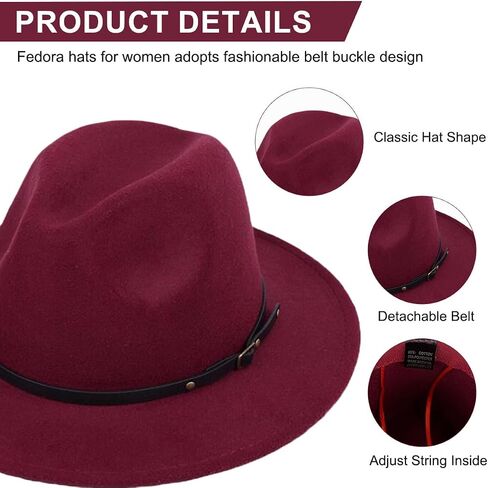 Wine Red Women Fedora Hat with Belt Buckle, Wide Brim Casual Panama Hat for Travel Beach Wedding, Breathable Cotton Polyester in Saudi Arabia