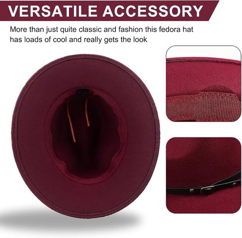 Wine Red Women Fedora Hat with Belt Buckle, Wide Brim Casual Panama Hat for Travel Beach Wedding, Breathable Cotton Polyester in Saudi Arabia