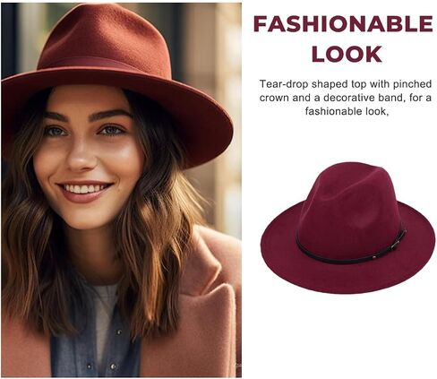 Wine Red Women Fedora Hat with Belt Buckle, Wide Brim Casual Panama Hat for Travel Beach Wedding, Breathable Cotton Polyester in Saudi Arabia