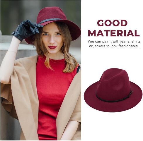 Wine Red Women Fedora Hat with Belt Buckle, Wide Brim Casual Panama Hat for Travel Beach Wedding, Breathable Cotton Polyester in Saudi Arabia