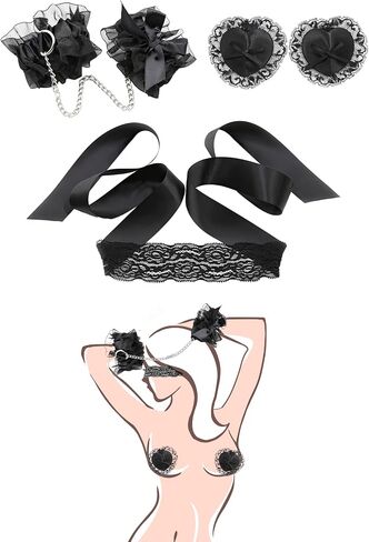 Lace Adjustable Handcuffs with Chain Silk Satin Heart Shaped Breast Set for Couples in Kuwait