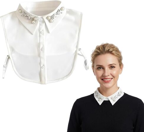 1 Pack Women's White Satin Pearl Embellished Detachable Collar Shirt Front With Side Ties And Button Detail Elegant Neckwear Accessory in Kuwait