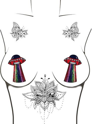 أغطية حلمات Neva Nude Sequin UFO Nipztix Pasties للمهرجانات والحفلات والملابس الداخلية والمزيد، لاصق من الدرجة الطبية، مقاوم للماء والعرق، صنع في الولايات المتحدة الأمريكية in Kuwait