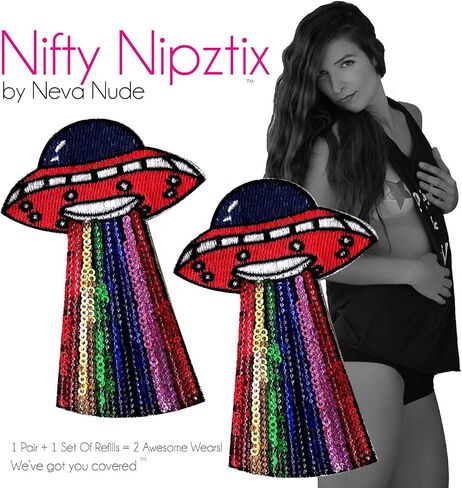 أغطية حلمات Neva Nude Sequin UFO Nipztix Pasties للمهرجانات والحفلات والملابس الداخلية والمزيد، لاصق من الدرجة الطبية، مقاوم للماء والعرق، صنع في الولايات المتحدة الأمريكية in Kuwait
