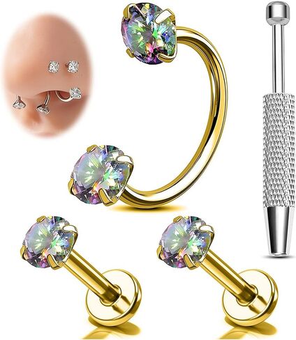 F136 Titanium Nose Ring Hoops 18g Nostril Studs Double Gem Horseshoe Nose Rings for Women Men Internally Threaded Piercing Jewelry for Septum Lip Helix Daith Ear in Saudi Arabia