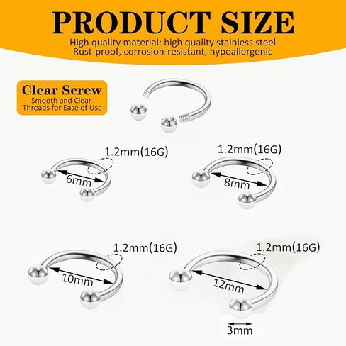 8pcs Horseshoe Rings Silver 16G Horseshoe Septum Ring Surgical Steel Nose Rings Hoop Cartilage Earrings Nose Eyebrow Tragus Helix Lip Ring Small Septum Piercing Jewelry For Women Men 6/8/10/12mm in Kuwait