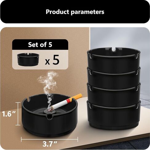 roygra Ash Tray (5 Pack), Outdoor Ashtray for Outside Patio, Resin Ashtrays for Cigarettes with 3 Holder, Smoking Accessories, Home Décor, Stackable Ashtrays for Smokers Indoor - Black in Saudi Arabia