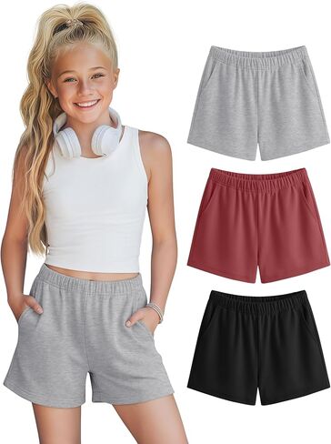Halfchet 3 Pack Girls' Sweat Shorts Casual Athletic Sweatpants with Pockets Elastic Waistband for Kids 5-16 Years Summer in Kuwait
