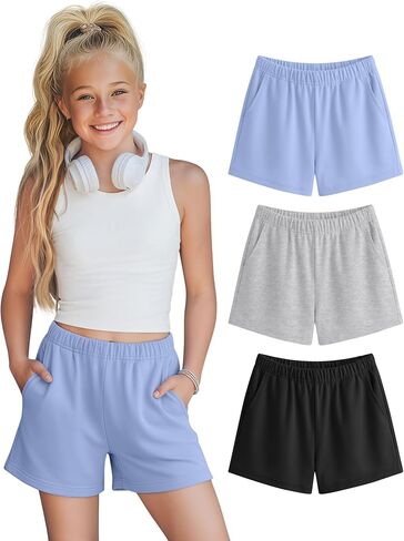Halfchet 3 Pack Girls' Sweat Shorts Casual Athletic Sweatpants with Pockets Elastic Waistband for Kids 5-16 Years Summer in Saudi Arabia