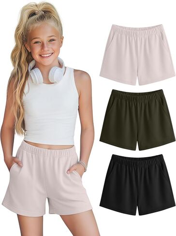 Halfchet 3 Pack Girls' Sweat Shorts Casual Athletic Sweatpants with Pockets Elastic Waistband for Kids 5-16 Years Summer in Saudi Arabia