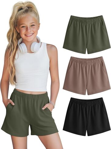 Halfchet 3 Pack Girls' Sweat Shorts Casual Athletic Sweatpants with Pockets Elastic Waistband for Kids 5-16 Years Summer in Saudi Arabia