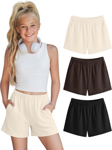 Halfchet 3 Pack Girls' Sweat Shorts Casual Athletic Sweatpants with Pockets Elastic Waistband for Kids 5-16 Years Summer in Saudi Arabia