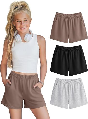 Halfchet 3 Pack Girls' Sweat Shorts Casual Athletic Sweatpants with Pockets Elastic Waistband for Kids 5-16 Years Summer in Saudi Arabia