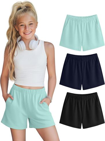 Halfchet 3 Pack Girls' Sweat Shorts Casual Athletic Sweatpants with Pockets Elastic Waistband for Kids 5-16 Years Summer in Saudi Arabia