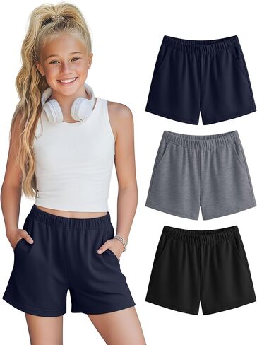 Halfchet 3 Pack Girls' Sweat Shorts Casual Athletic Sweatpants with Pockets Elastic Waistband for Kids 5-16 Years Summer in Saudi Arabia