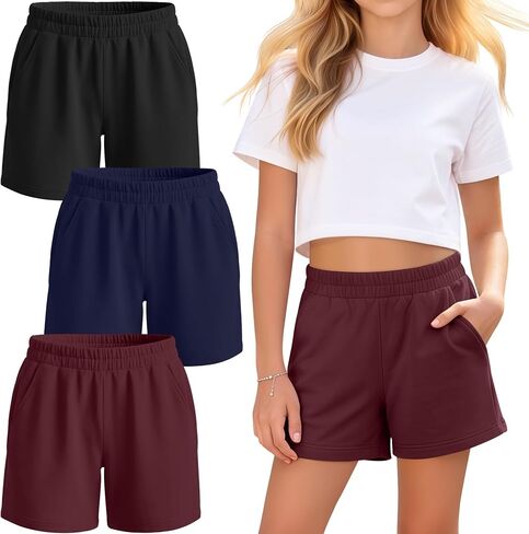 3 Pack Girls Shorts Athletic Casual Summer Sweat Shorts Kids Teen Elastic Waist Short Pants with Pockets 5-14 Years in Kuwait