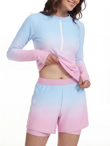 Rash Guard for Women Long Sleeve Swimsuit Bathing Suit 2 Piece UPF 50+ Quick Dry UV Protection Surf Zip Up in Kuwait