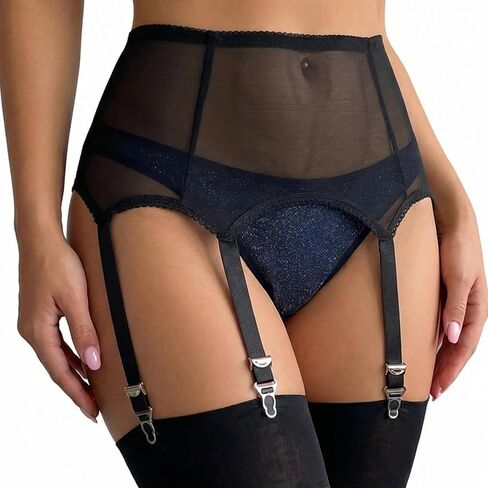 Sheer Mesh Garter Belt 6 Metal Clips High Waist Anti Slip Suspender for Thigh High Stockings Plus Size in Kuwait