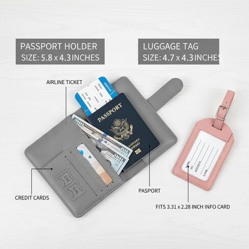 مجموعة حامل جواز السفر وبطاقات الأمتعة - منظم محفظة سفر من جلد البولي يوريثان بحجب RFID مع فتحات بطاقة SIM، غطاء جواز سفر مقاوم للماء وبطاقة هوية للرجال والنساء (رمادي/وردي) in Kuwait