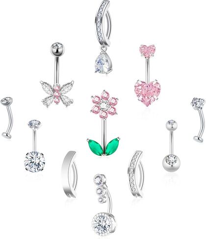 11 Pcs Belly Button Ring Surgical Stainless Steel Butterfly Flower Belly Piercing Floating Clicker Belly Rings for Women Navel Piercing Jewelry Pack in Saudi Arabia