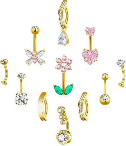 11 Pcs Belly Button Ring Surgical Stainless Steel Butterfly Flower Belly Piercing Floating Clicker Belly Rings for Women Navel Piercing Jewelry Pack in Saudi Arabia
