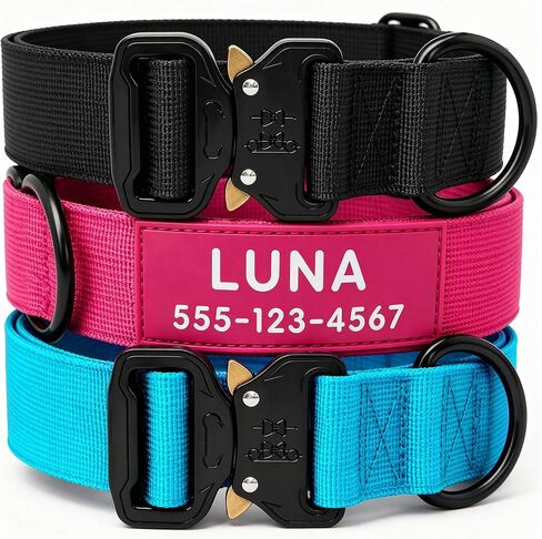 Personalized Tactical Dog Collar for Large Dogs, Heavy Duty Military Collar with Name, Made of Thick Nylon and Strong Metal Buckle for Maximum Durability, Available in Pink, Blue, Black, and Green in Saudi Arabia