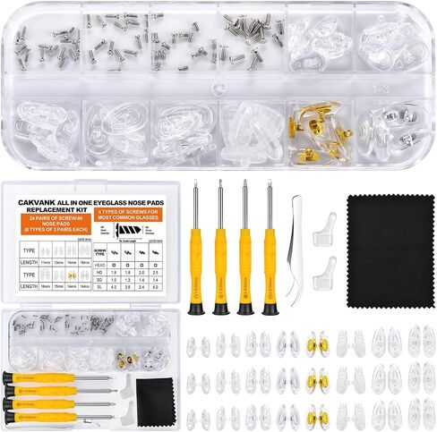 Eyeglass Nose Pads Replacement with 4 Sizes Screws, 24 Pairs Screw-in Glasses Nose Pads, Upgraded Eyeglass Repair Kit with Precision Screwdrivers, Tweezers, Glasses Cloth for Glasses, Sunglasses in Saudi Arabia