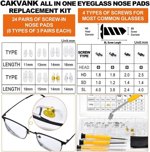 Eyeglass Nose Pads Replacement with 4 Sizes Screws, 24 Pairs Screw-in Glasses Nose Pads, Upgraded Eyeglass Repair Kit with Precision Screwdrivers, Tweezers, Glasses Cloth for Glasses, Sunglasses in Saudi Arabia