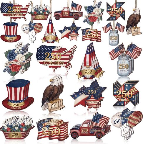 Lounsweer 36 Pcs 4th of July 250th Anniversary Ornaments Red White Blue Small Tree Decorations 12 Design Vintage Wood Ornament America Star Gnome Wood Cutout Patriotic Decor for Tree Home Independence in Kuwait