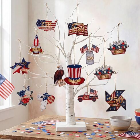 Lounsweer 36 Pcs 4th of July 250th Anniversary Ornaments Red White Blue Small Tree Decorations 12 Design Vintage Wood Ornament America Star Gnome Wood Cutout Patriotic Decor for Tree Home Independence in Kuwait