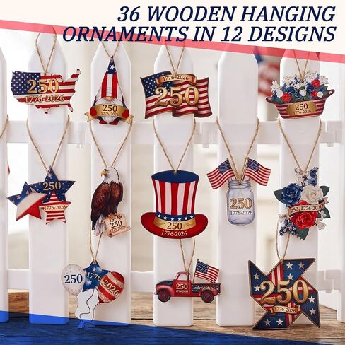 Lounsweer 36 Pcs 4th of July 250th Anniversary Ornaments Red White Blue Small Tree Decorations 12 Design Vintage Wood Ornament America Star Gnome Wood Cutout Patriotic Decor for Tree Home Independence in Kuwait