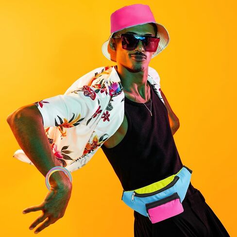 YAROMO 80s 90s Neon Fanny Pack Hat, 8 Pcs Neon Waist Bag Bucket Hat 80s 90s Party Holiday Outfit for Women Wen in Kuwait