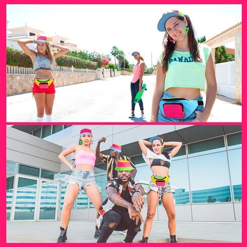 YAROMO 80s 90s Neon Fanny Pack Hat, 8 Pcs Neon Waist Bag Bucket Hat 80s 90s Party Holiday Outfit for Women Wen in Kuwait