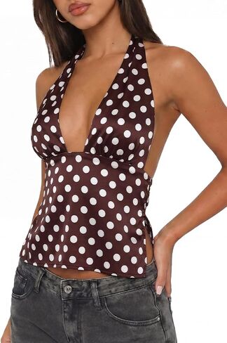 UNCOOYEE Womens Summer Sexy Deep V Neck Backless Tie Silk Satin Y2k Going Out Cropped Tank Tops in Saudi Arabia