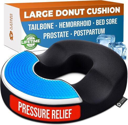 5 STARS UNITED Donut Pillow for Tailbone Pain & Hemorrhoids – Large Memory Foam Seat Cushion for Bed Sore-Prone Areas & Pressure Relief – Prostate, Postpartum & Pregnancy Support, Black Mesh Cover in Saudi Arabia