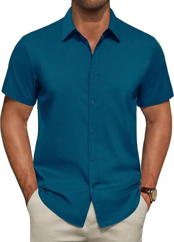 Men's Short Sleeve Dress Shirts Stretch Stain Shield Business Casual Button Down Shirts Solid Formal Wedding Tops in Saudi Arabia