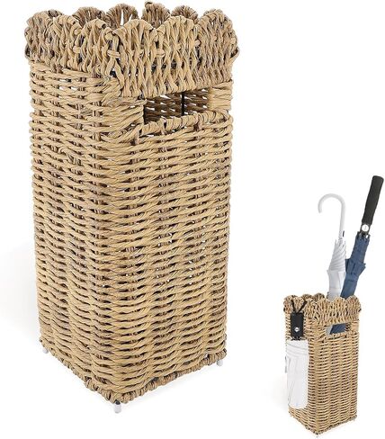Woven Umbrella Stand for Entryway, PE Rattan Umbrella Holder Basket with Removable Drip Tray, Scalloped Square Cane Stand for Umbrellas, Walking Sticks, Wrapping Paper, Farmhouse Porch Decor, 16.5" in Kuwait