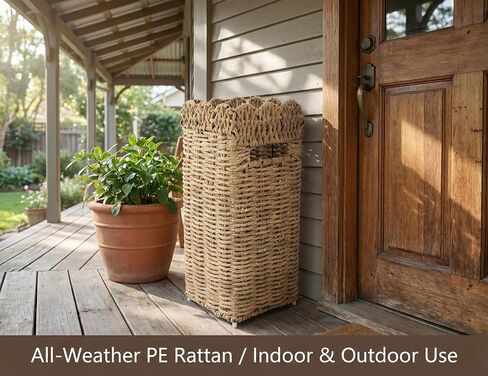 Woven Umbrella Stand for Entryway, PE Rattan Umbrella Holder Basket with Removable Drip Tray, Scalloped Square Cane Stand for Umbrellas, Walking Sticks, Wrapping Paper, Farmhouse Porch Decor, 16.5" in Kuwait